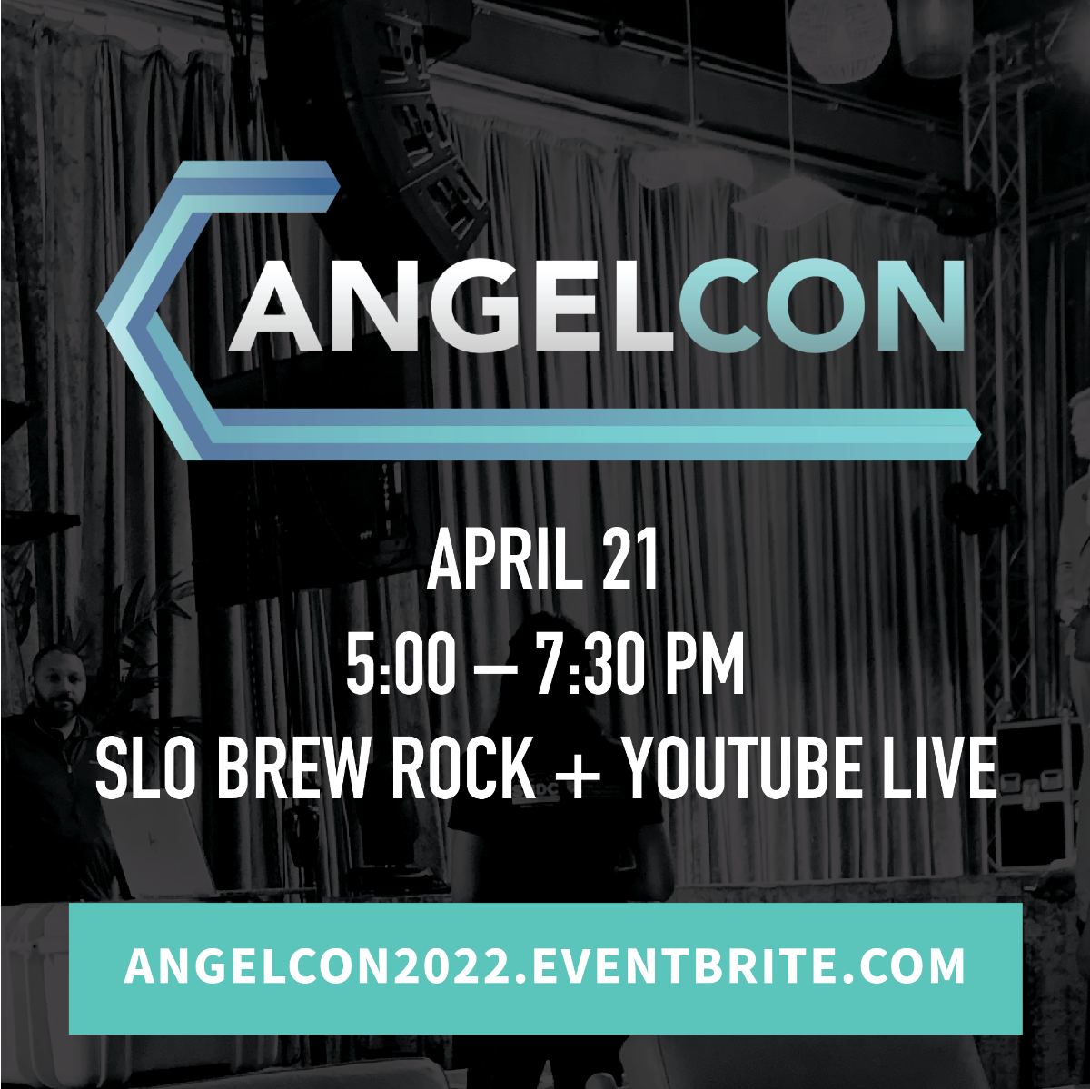 AngelCon logo, times, access information and reservation link