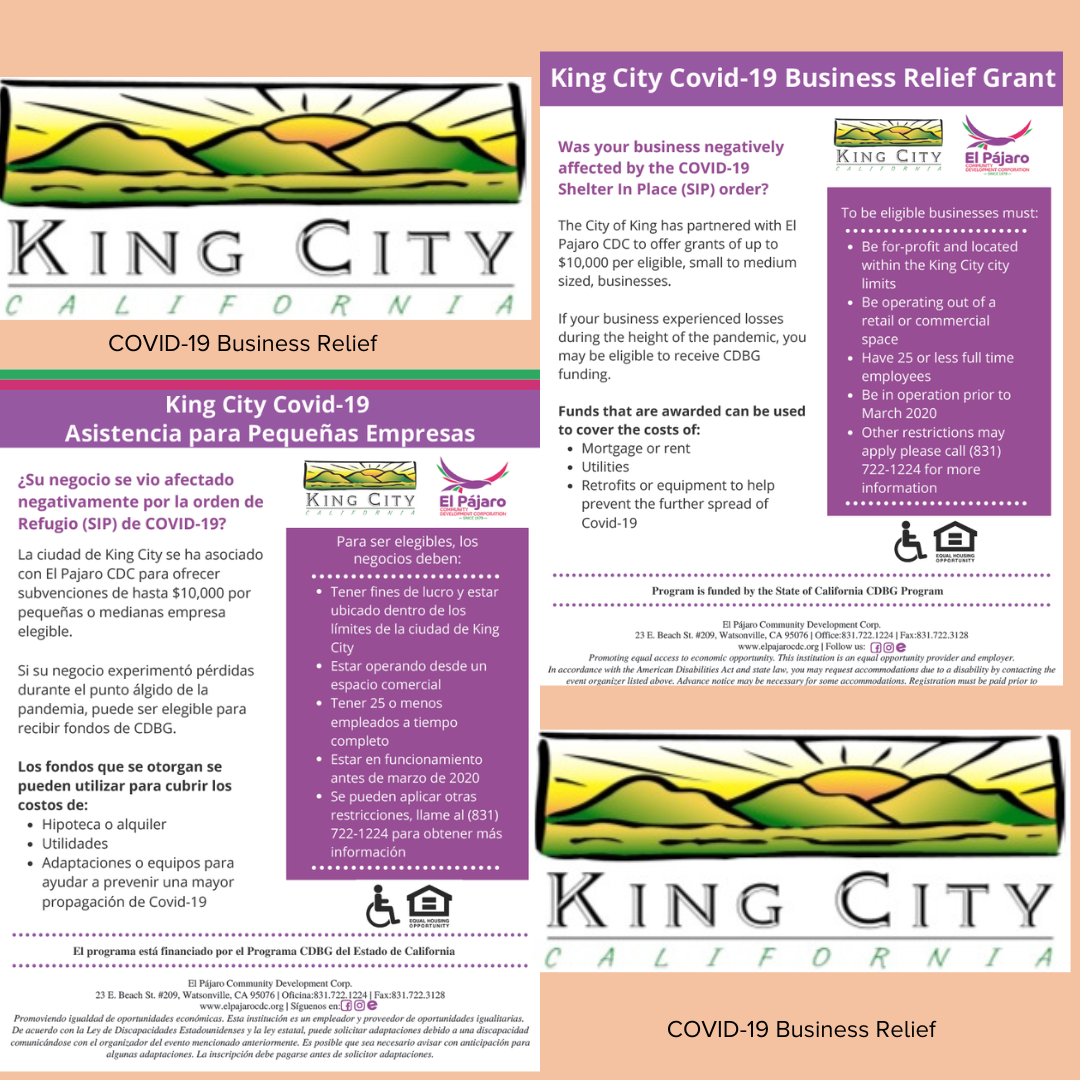 English and Spanish flyers about COVID19 Grants for eligible King CIty Businesses