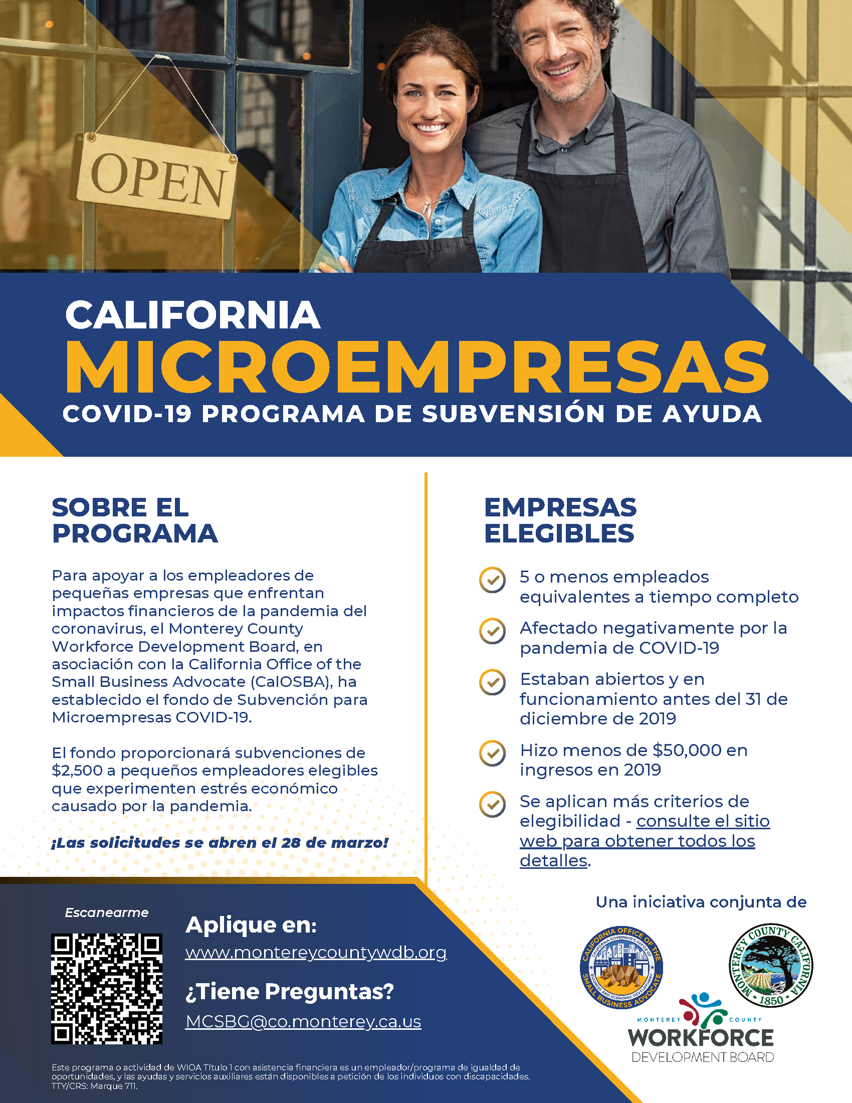 Monterey County CA Microbusiness COVID19 Relief Grant flyer Spanish