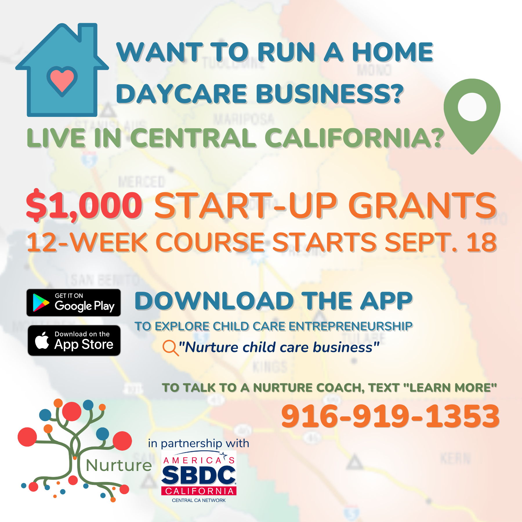 Nurture and Central CA SBDC training starts 9-18 for Childcare business $1000 Startup Grants available   12 week training program 