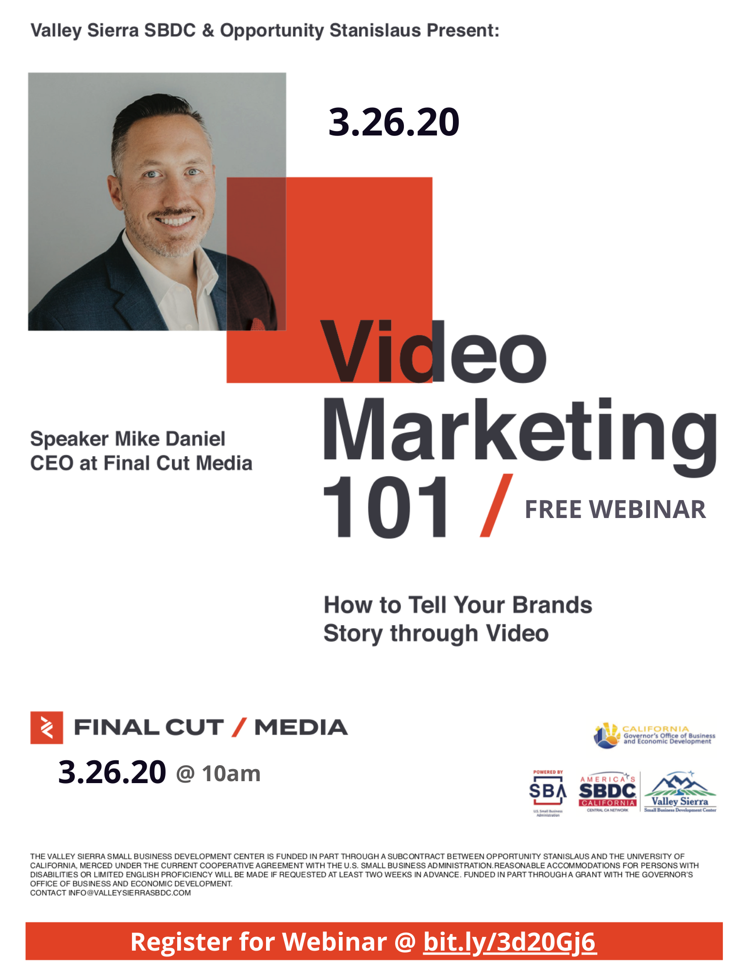 Event Flyer, Changed to Webinar, Video Marketing 101, @ the Valley Sierra SBDC, FREE.