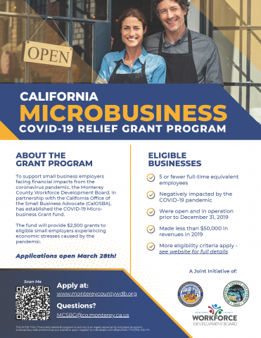 Monterey County CA COVID19 Microbusiness Grant flyer with photos and logos